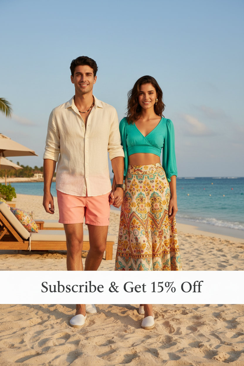 Colorful Gen Z summer beach fashion banner with Subscribe & Get 15% Off