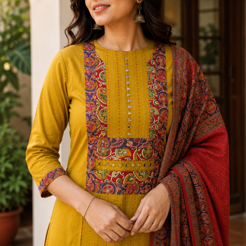 Mustard Yellow Embroidered Kurta Set with Dupatta