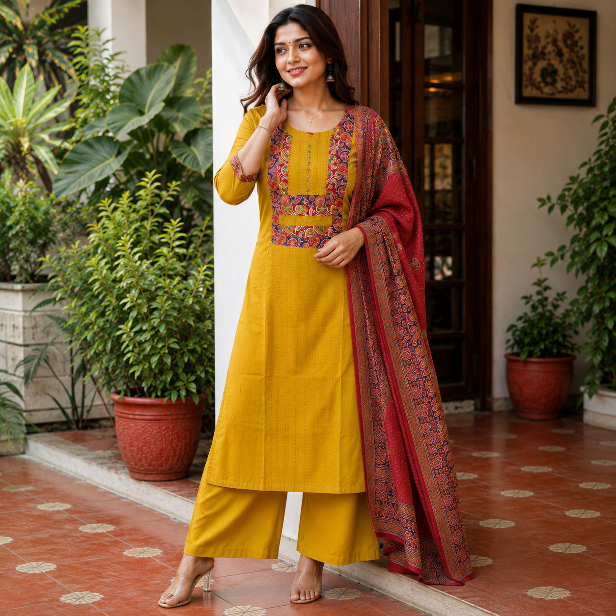 Mustard Yellow Embroidered Kurta Set with Dupatta