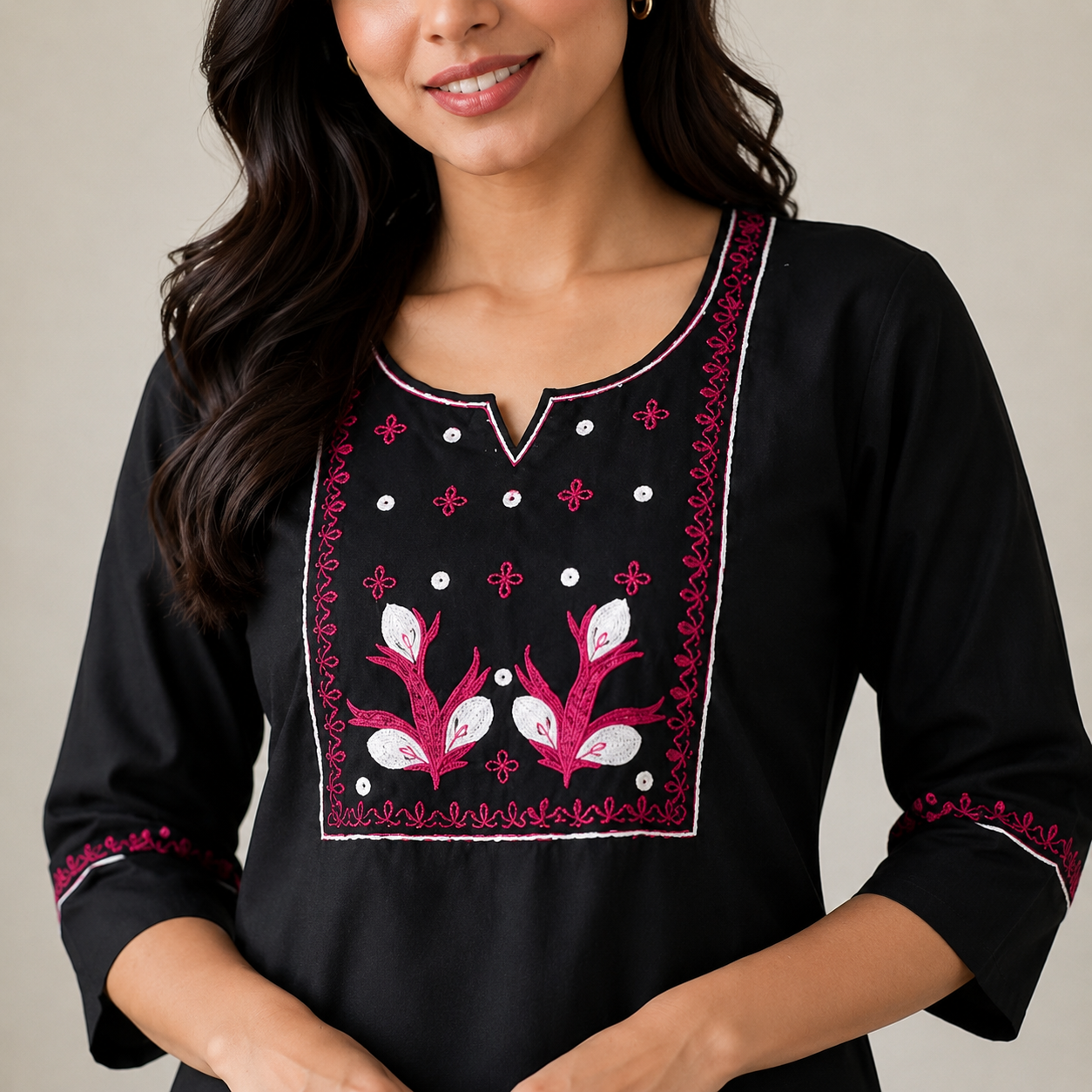 Women's Embroidered Black Co-ord Set | 3/4th Sleeve