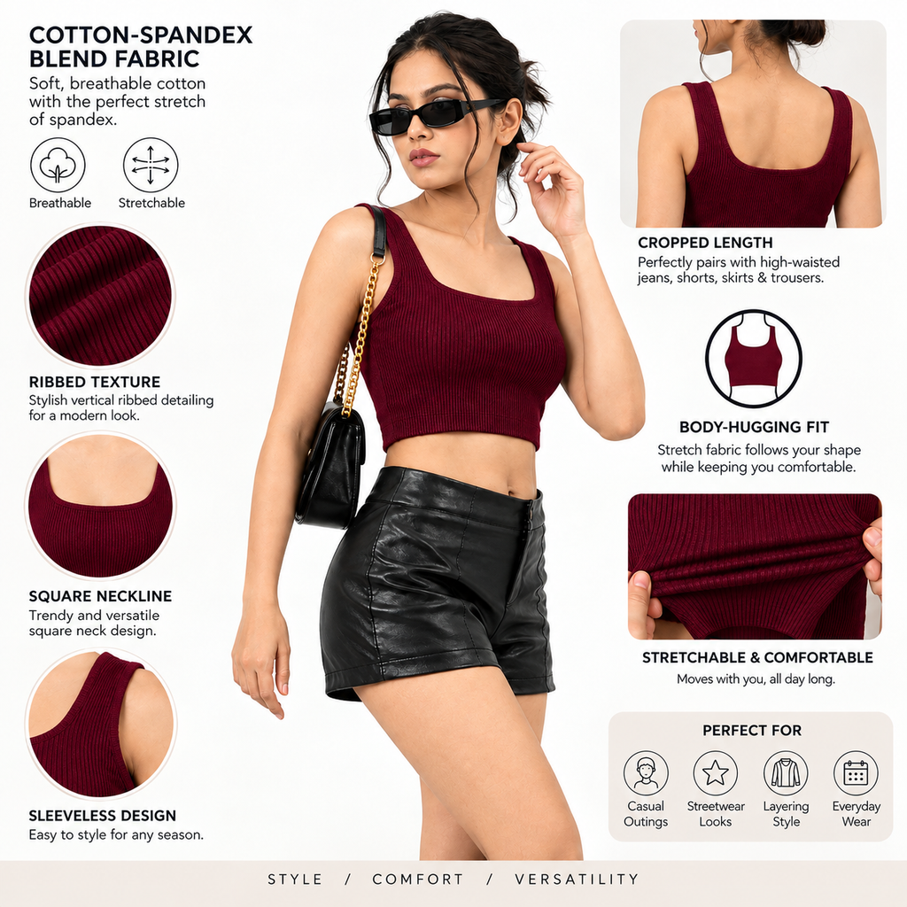 Women's Cotton Spandex Sleeveless Crop Top — Stretchy Everyday Wear