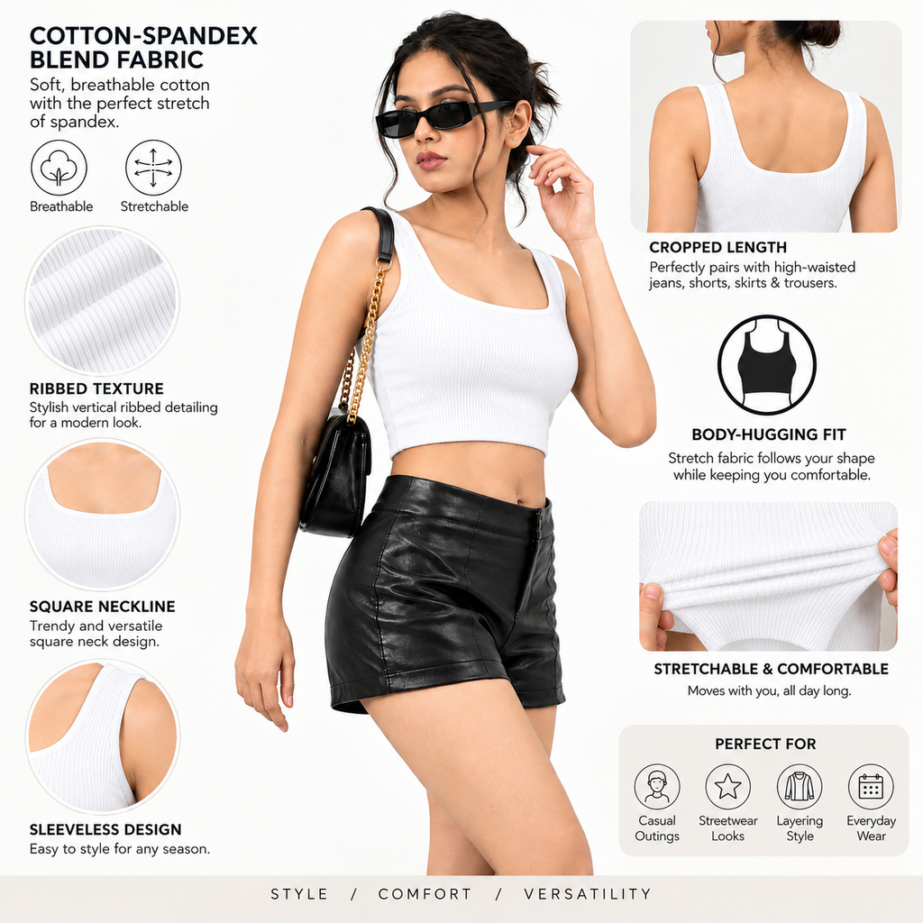 Women's White Cotton Spandex Sleeveless Crop Top — Stretchy Everyday Wear
