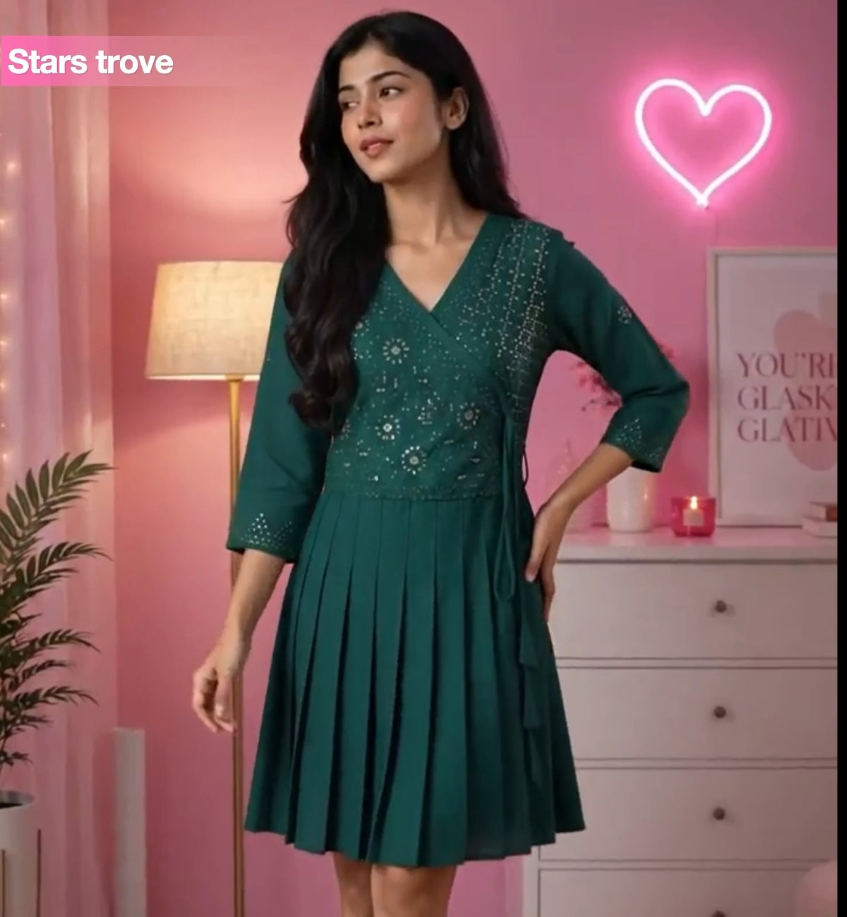 Emerald Green Embroidered Pleated Dress for Women | Ethnic Fusion Party Wear