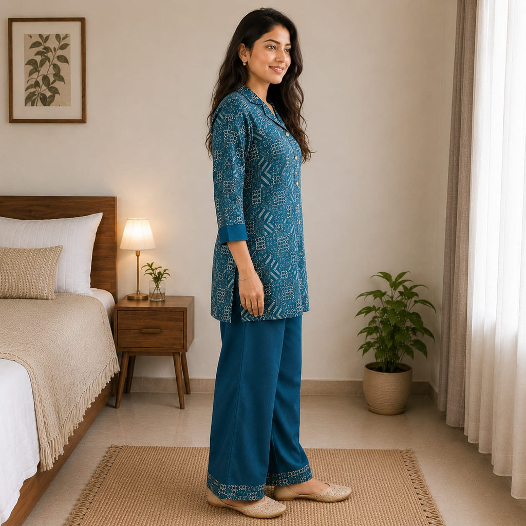 Teal Blue Bandhani Print Co-ord Set | Kurta Palazzo Dupatta