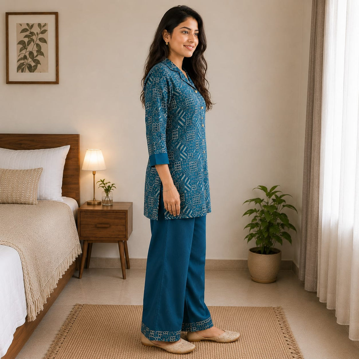 Teal Blue Bandhani Print Co-ord Set | Kurta Palazzo Dupatta