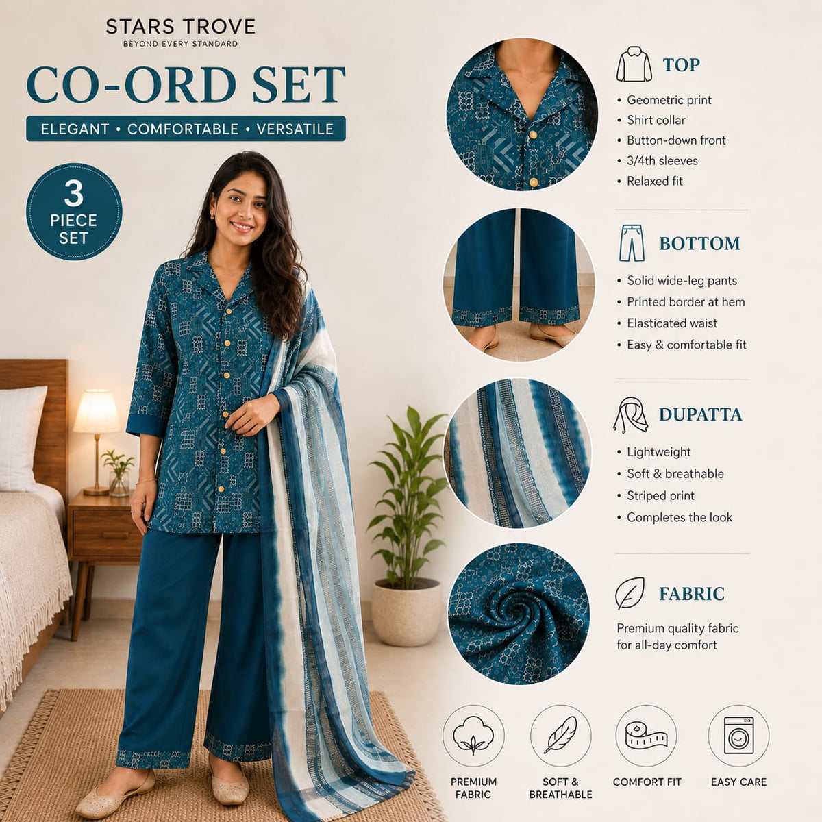 Teal Blue Bandhani Print Co-ord Set | Kurta Palazzo Dupatta