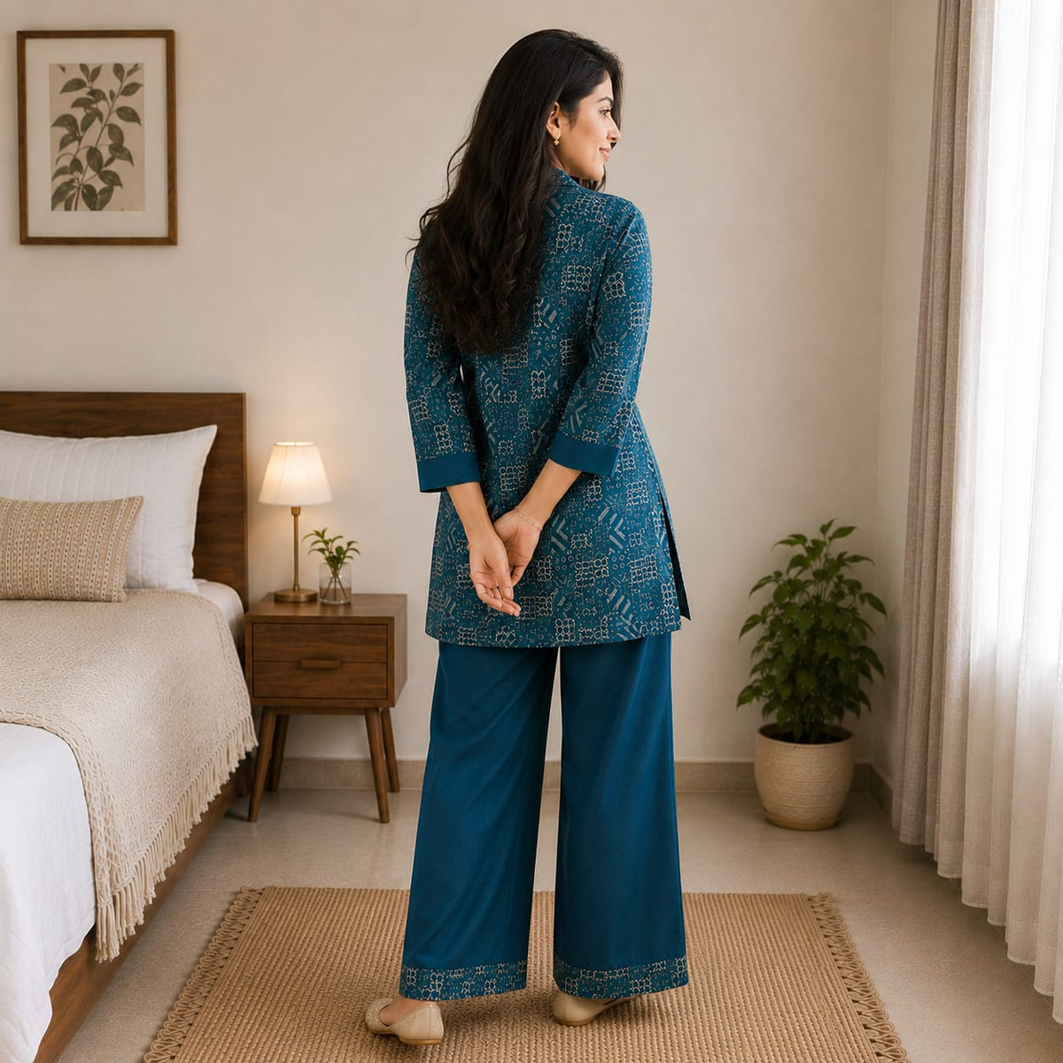 Teal Blue Bandhani Print Co-ord Set | Kurta Palazzo Dupatta