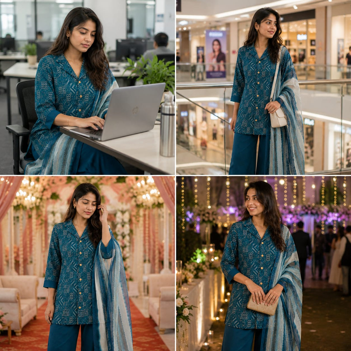 Teal Blue Bandhani Print Co-ord Set | Kurta Palazzo Dupatta