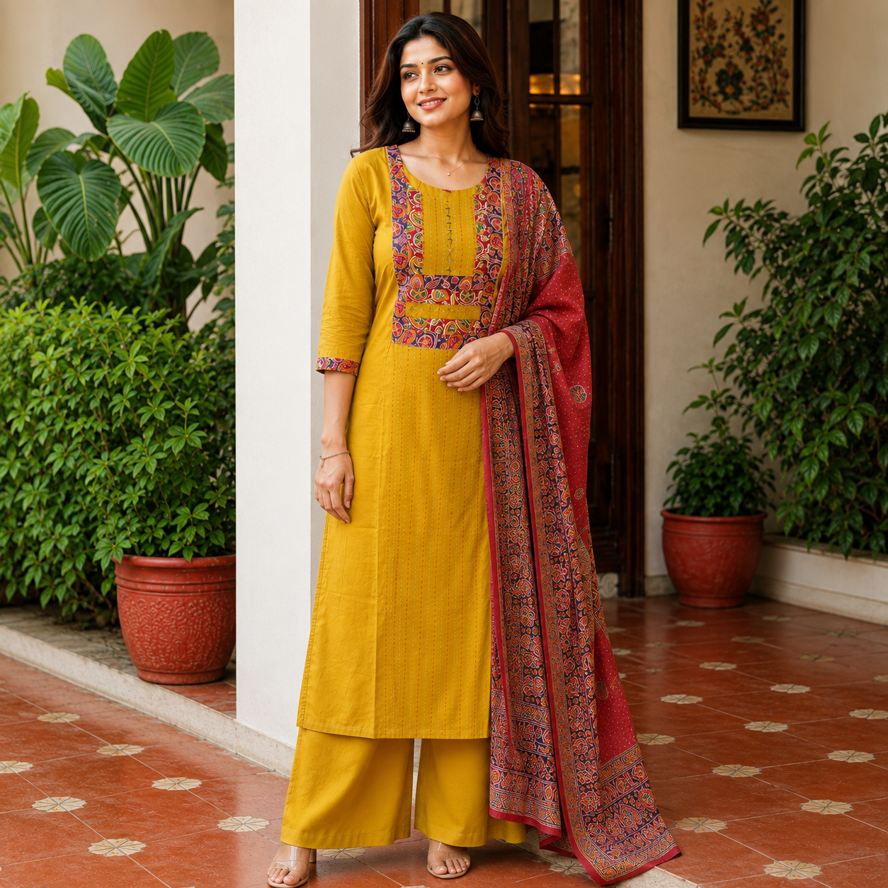 Mustard Yellow Embroidered Kurta Set with Dupatta