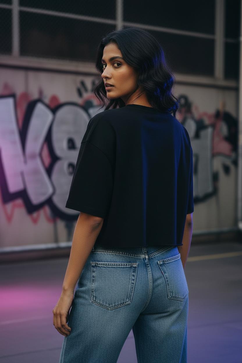 Back view black crop tee look
