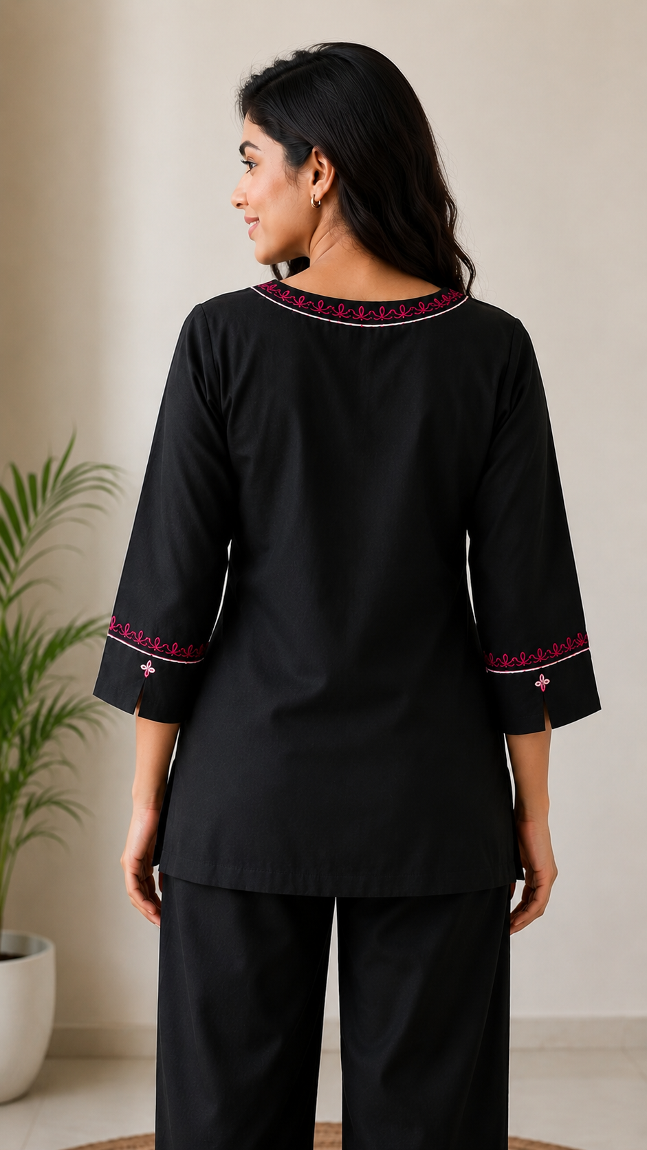 Women's Embroidered Black Co-ord Set | 3/4th Sleeve