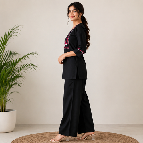 Women's Embroidered Black Co-ord Set | 3/4th Sleeve