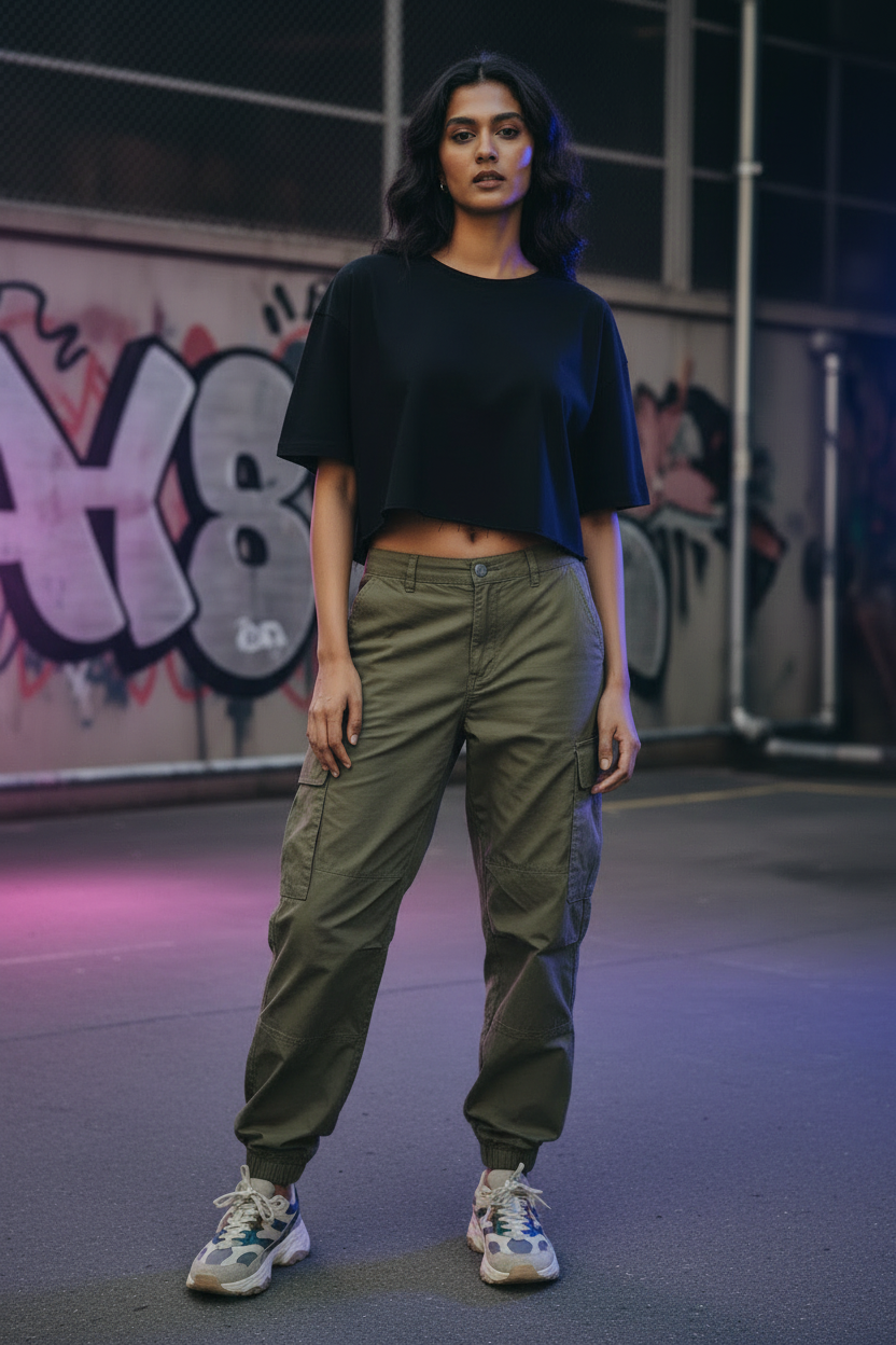 Black crop tee with cargo trousers
