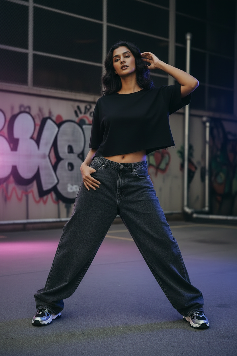 Black crop tee with extreme baggy denim and GenZ pose
