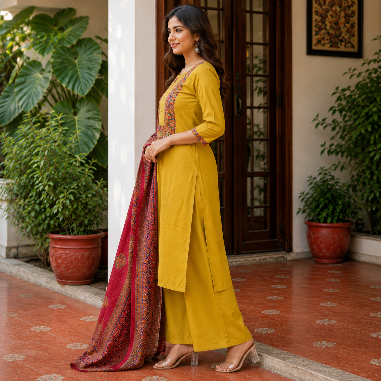 Mustard Yellow Embroidered Kurta Set with Dupatta