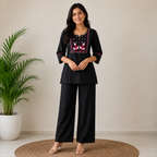 Women's Embroidered Black Co-ord Set | 3/4th Sleeve
