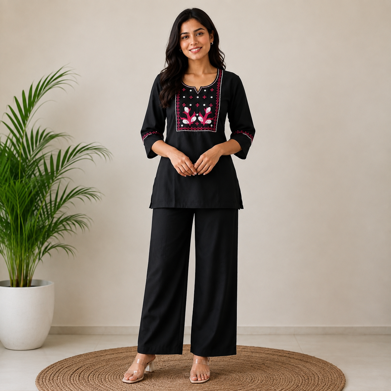 Women's Embroidered Black Co-ord Set | 3/4th Sleeve