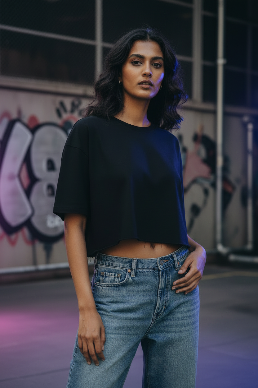 Front three-quarter black crop tee look