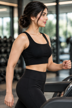 Women's Black Gym Wear Crop Tank Top - Cotton Spandex Stretch Workout Top