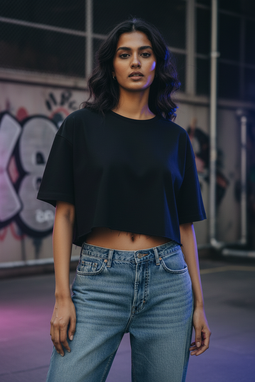 Indian GenZ model wearing a glowing black oversized crop tee