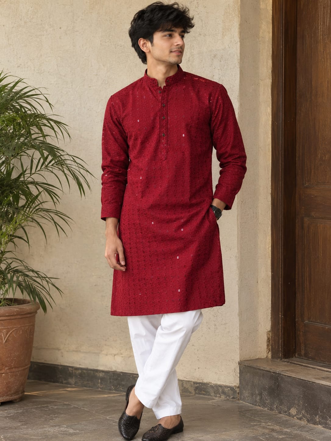 Men's Maroon A-Line Cotton Rayon Blend Kurta