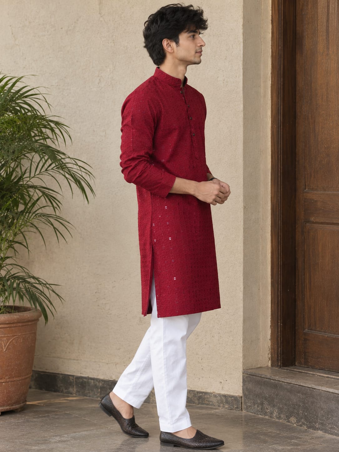 Men's Maroon A-Line Cotton Rayon Blend Kurta