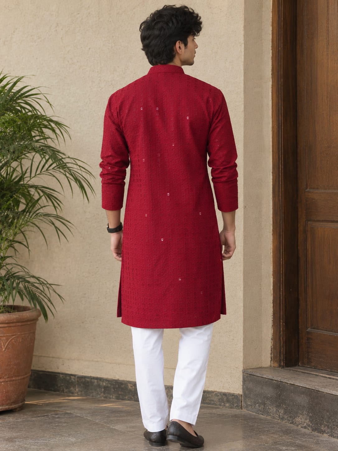 Men's Maroon A-Line Cotton Rayon Blend Kurta