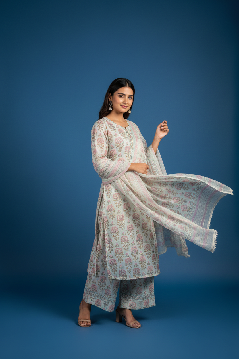Kurti set model posing on blue backdrop