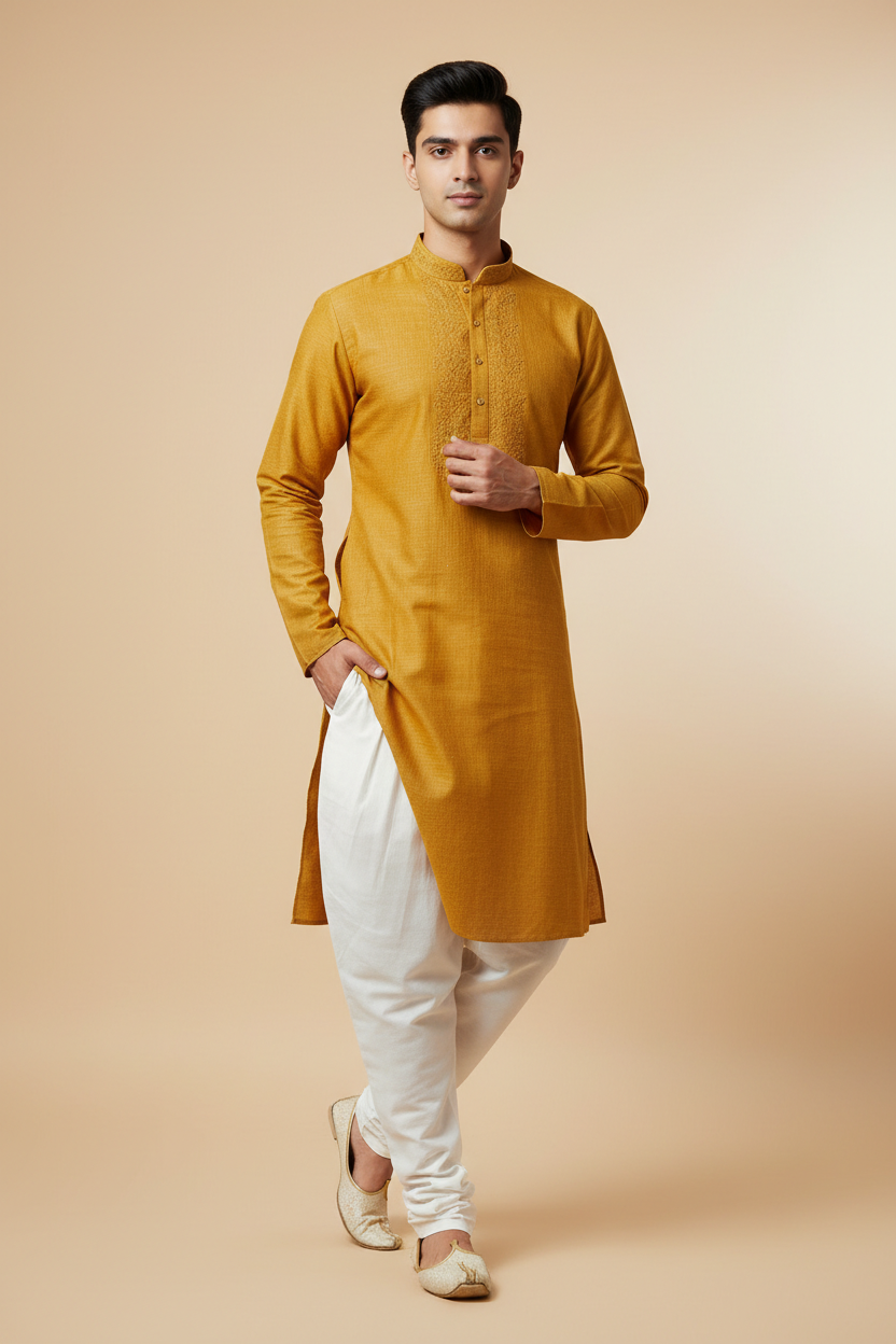 Mens yellow kurta with white pyjama