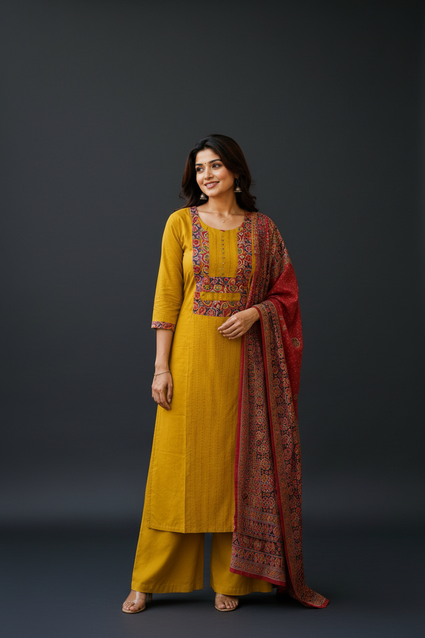 Mustard Yellow Embroidered Kurta Set