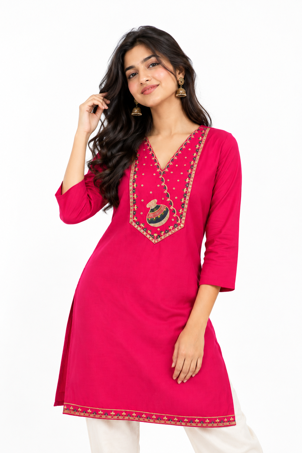 Pink embroidered kurti with white background, new face, and Gen-Z pose