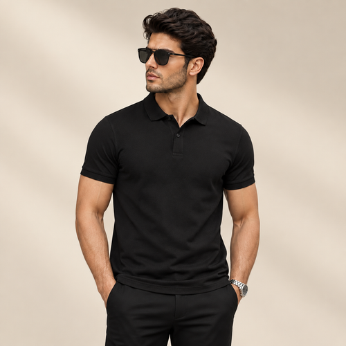Premium studio background me men's black polo collar t-shirt