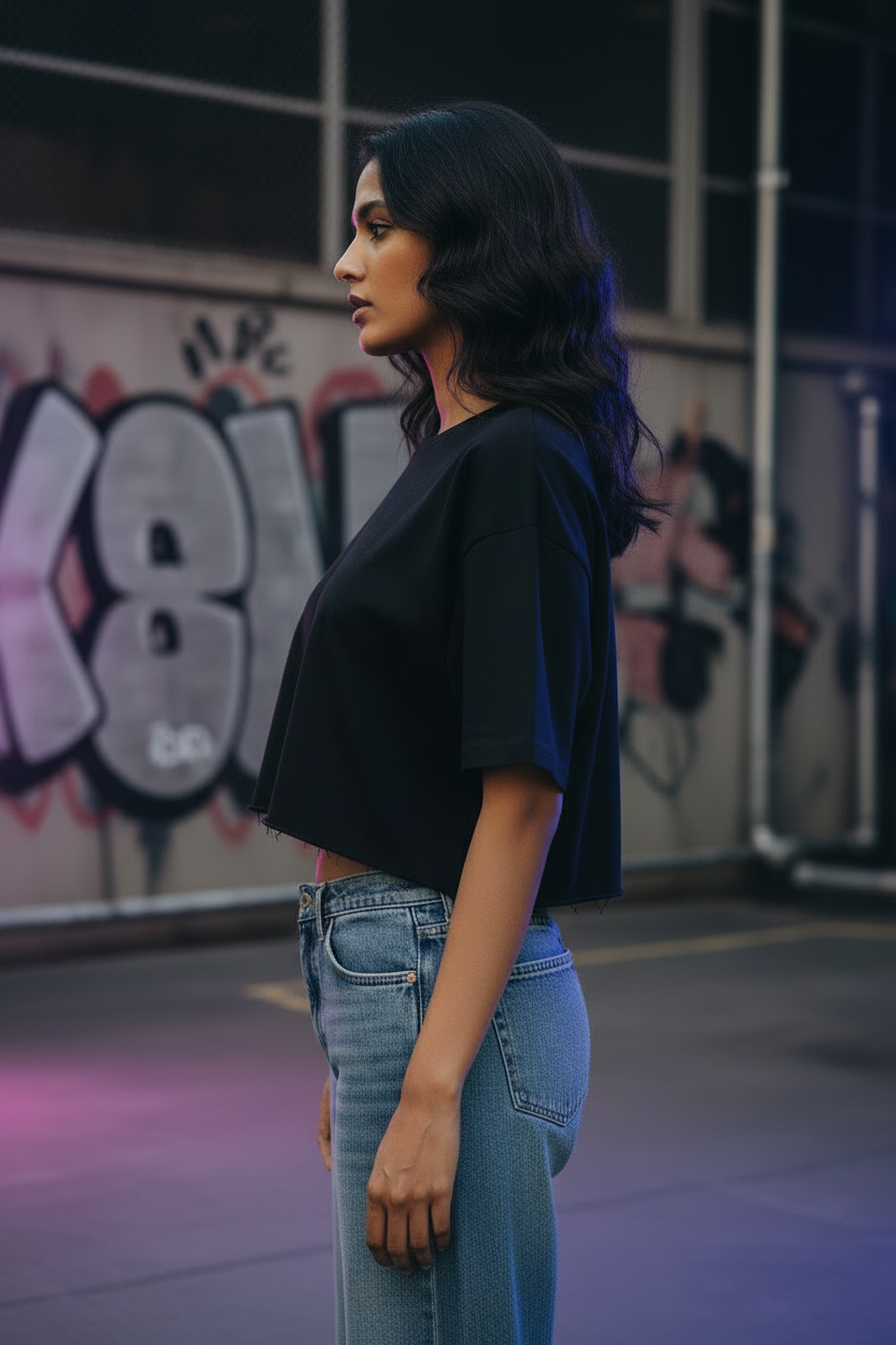 Side profile black crop tee look