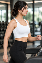 Women's White Gym Wear Crop Tank Top - Cotton Spandex Stretch Workout Top