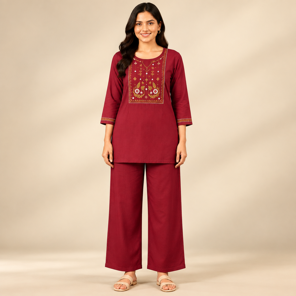 Women's maroon co-ord set, full outfit view with premium studio background