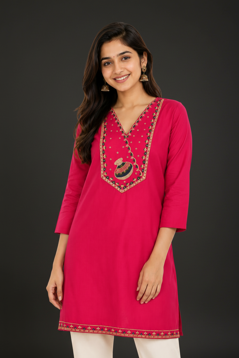 Women's Pink Embroidered Kurti Top