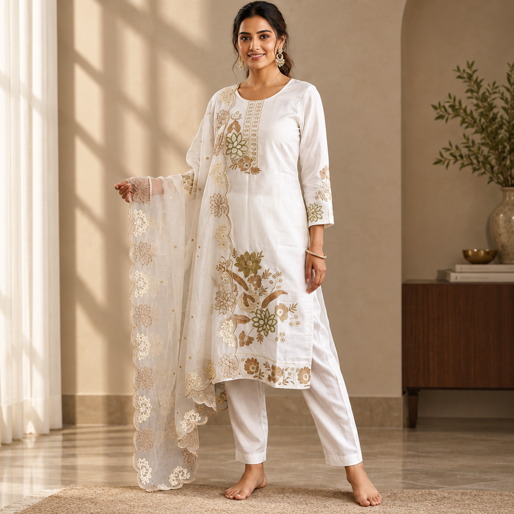 Women's white ethnic co-ord set in an elegant realistic interior with natural light