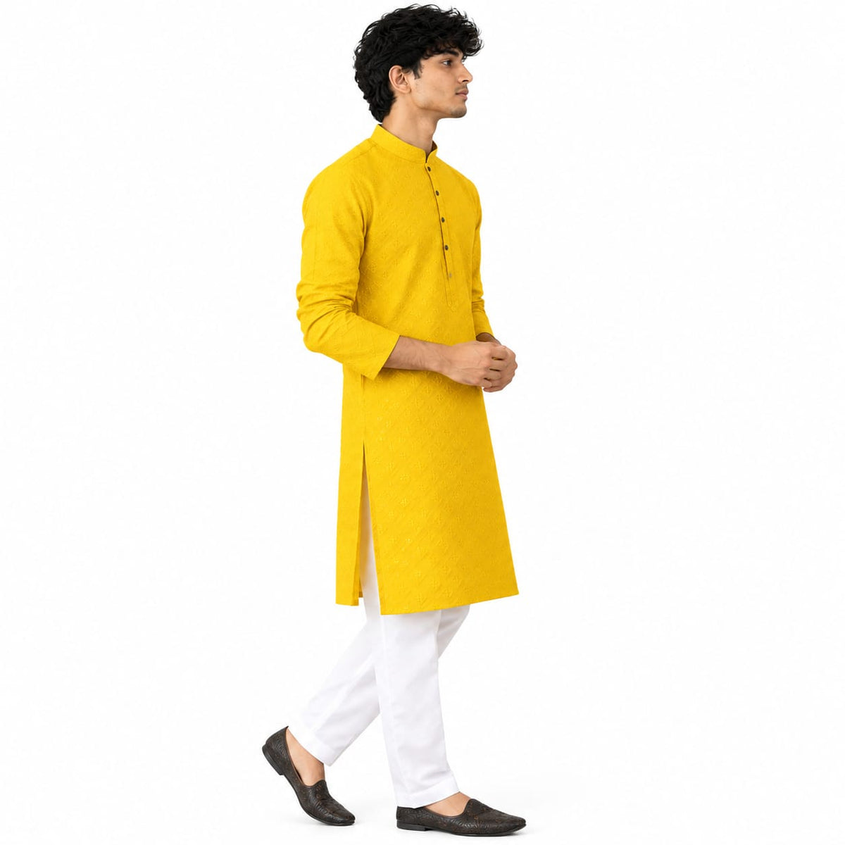 Men's Yellow A-Line Cotton Rayon Blend Kurta