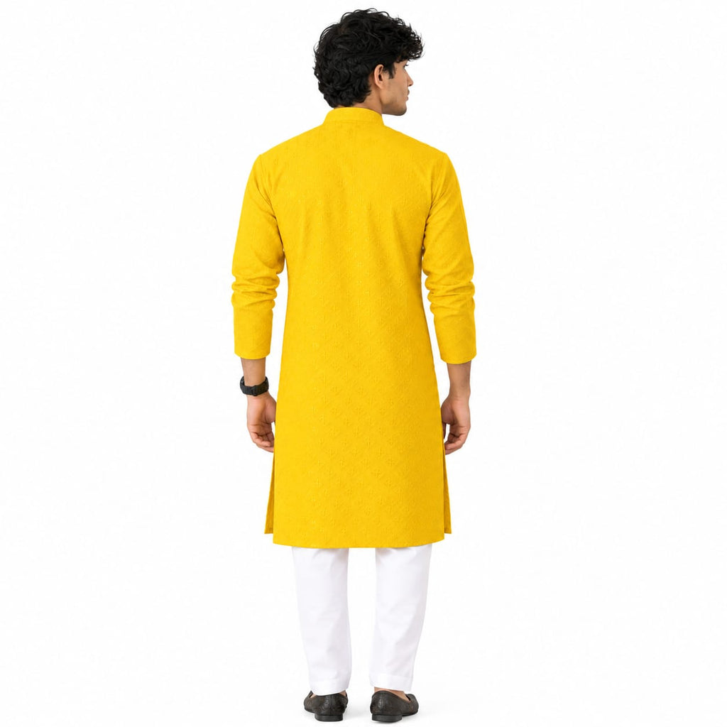 Men's Yellow A-Line Cotton Rayon Blend Kurta
