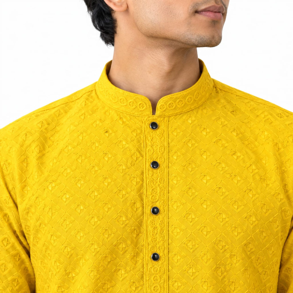 Men's Yellow A-Line Cotton Rayon Blend Kurta