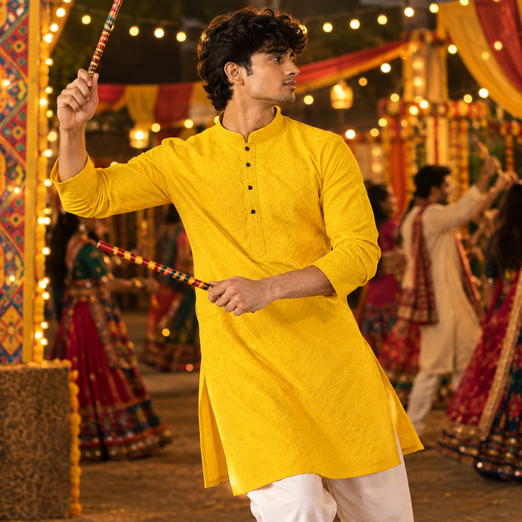 Men's Yellow A-Line Cotton Rayon Blend Kurta
