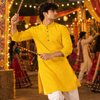 Men's Yellow A-Line Cotton Rayon Blend Kurta