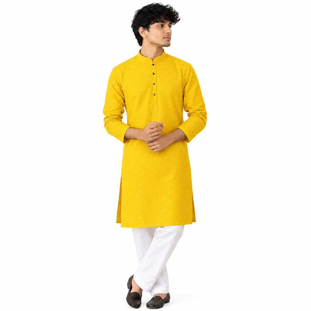 Men's Yellow A-Line Cotton Rayon Blend Kurta